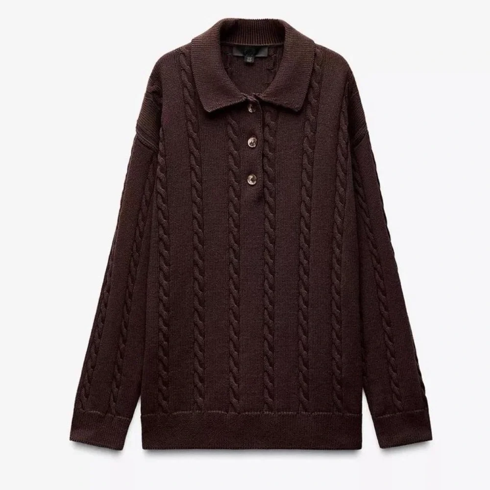 Zara Cable Knit Collared Henley Polo Oversized Sweater in Chocolate Brown - S